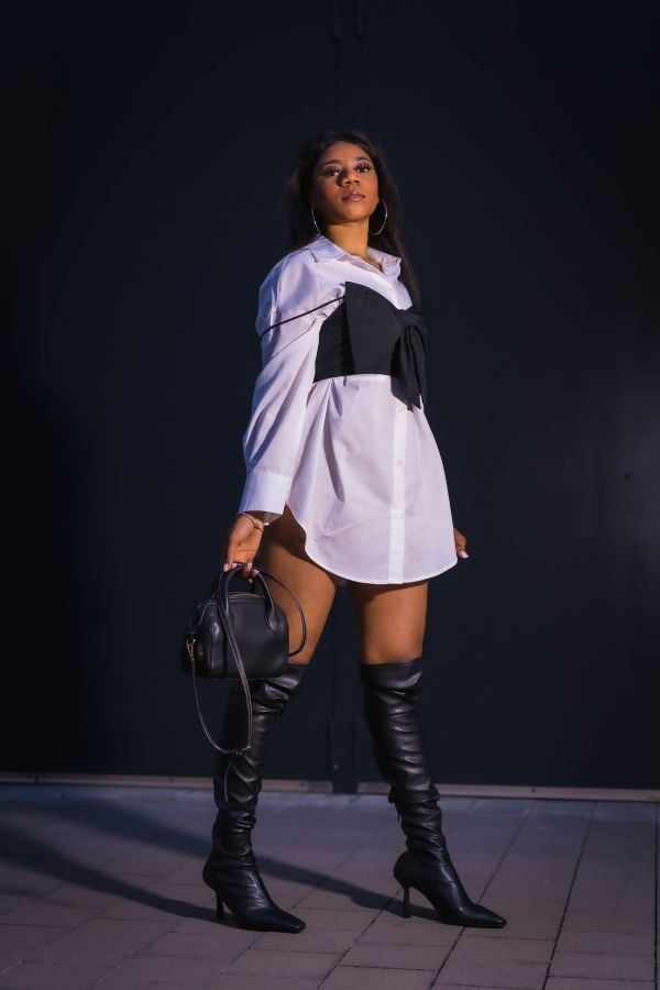 Corset Top and Oversized Shirt with Black Over-the-Knee Boots — Over the Knee Boots Outfits