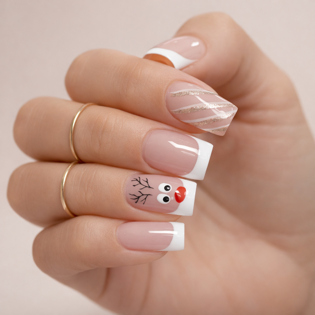 Reindeer Face and Glitter Stripe French Tips — Christmas Nails for Kids 2026