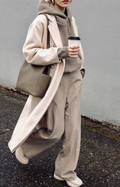 Effortless Layering: Cream Coat Over Grey Hoodie and Trousers Effortless Layering: Cream Coat Over Grey Hoodie and Trousers β Comfy Winter Outfits
