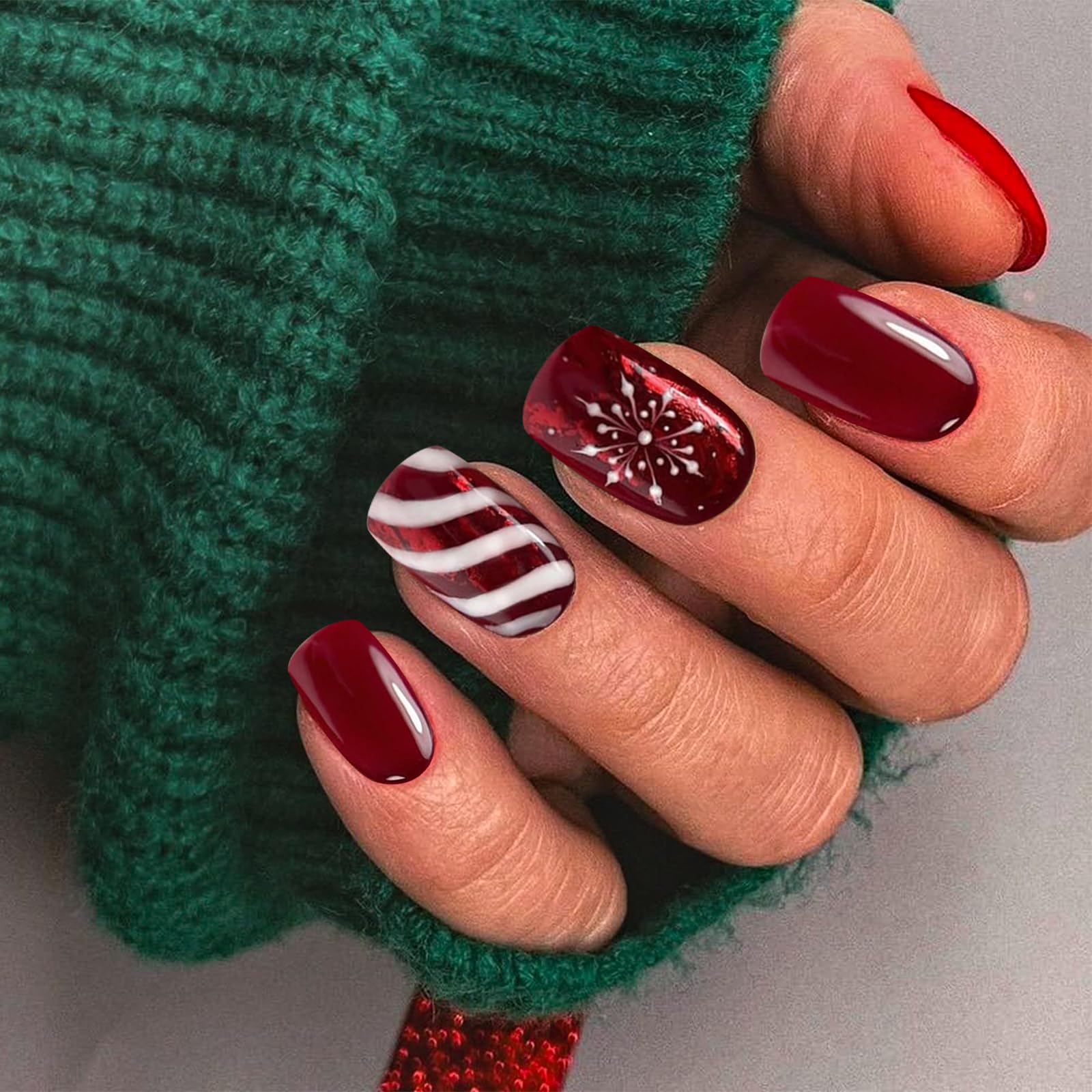 Glossy Short Square Red with Snowflake & Stripes Glossy Short Square Red with Snowflake & Stripes β Cherry Red Christmas Nails 2026