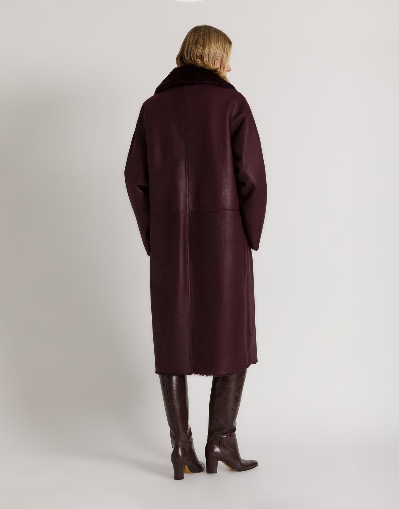 Longline Burgundy Shearling Coat with Faux Fur Collar — Shearling Coat Outfits
