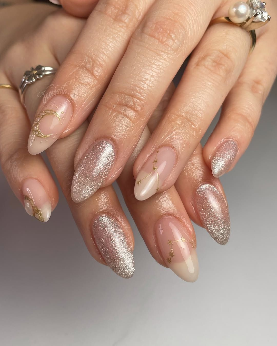 Sheer Pink Glitter Gradient Celestial Almond — Winter Champagne Nails