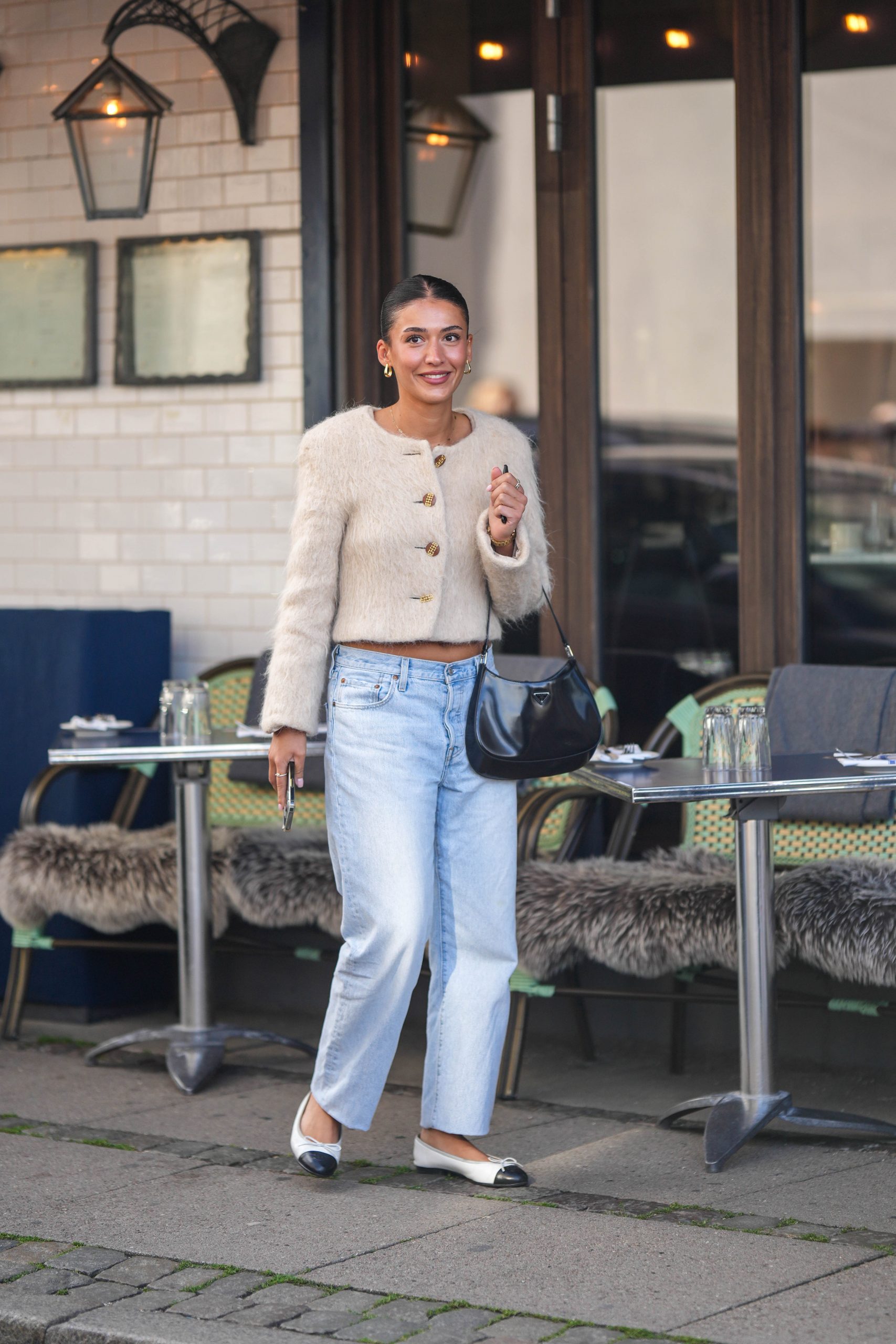 Pink Knit Cardigan Paired with Black Wide-Leg Trousers — Cardigan Outfits