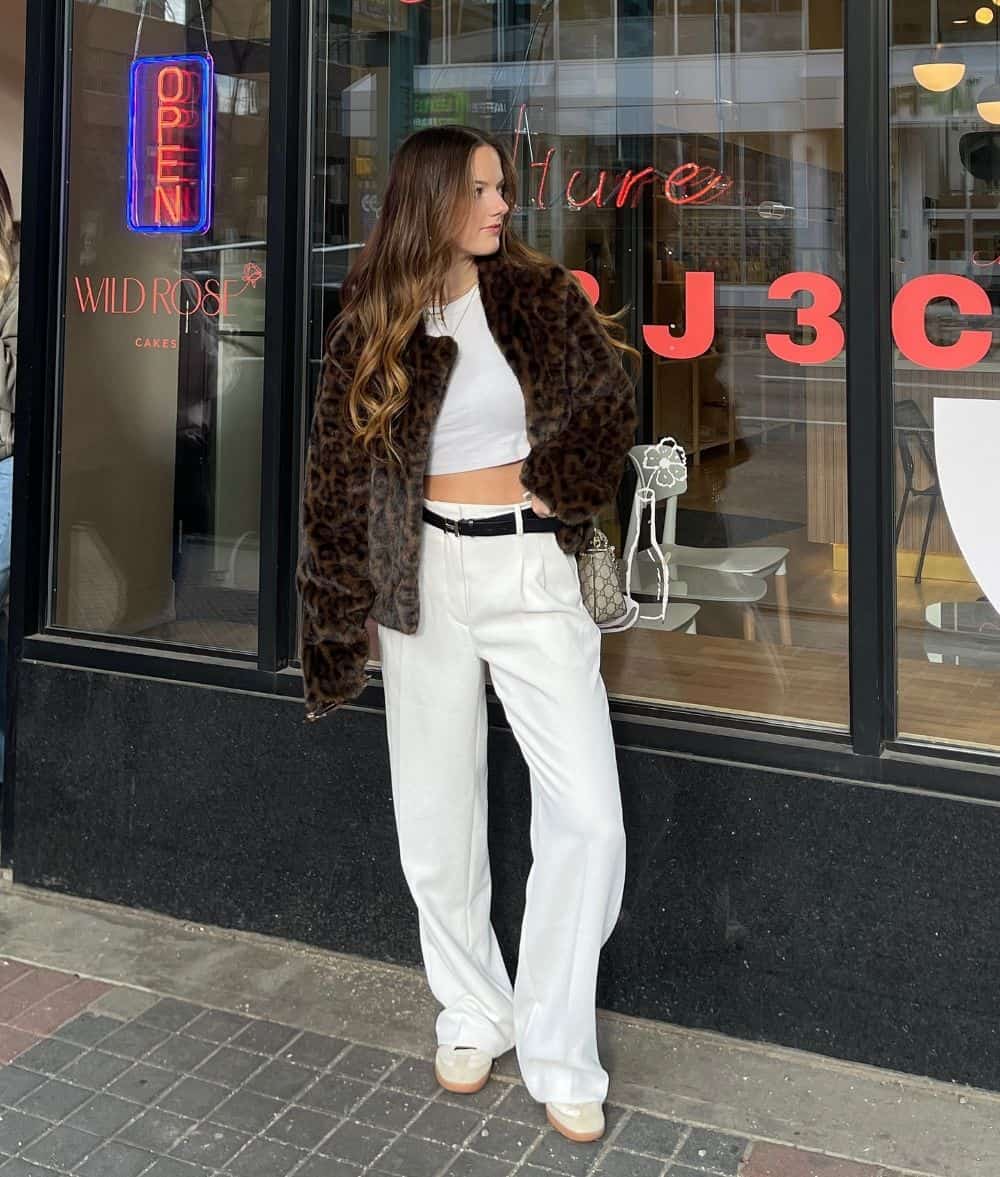 Wild Style: Leopard Print Jacket with White Wide-Leg Pants Wild Style: Leopard Print Jacket with White Wide-Leg Pants β Winter Concert Outfits