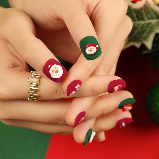 Matte Burgundy 3D Santa — Short Christmas Nails 2026