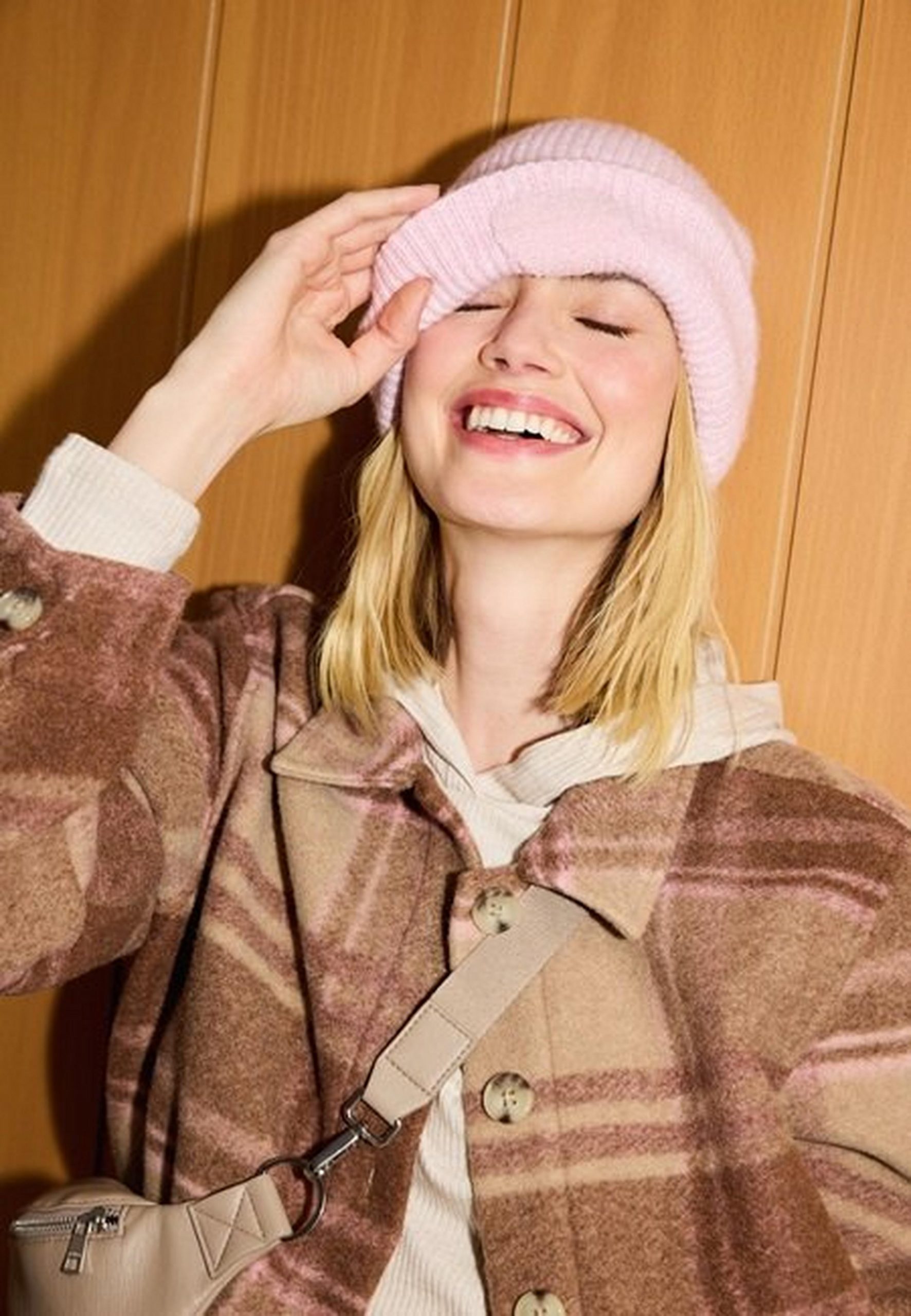 Playful Pink Beanie and Plaid Jacket Combo — Winter Layering Outfits