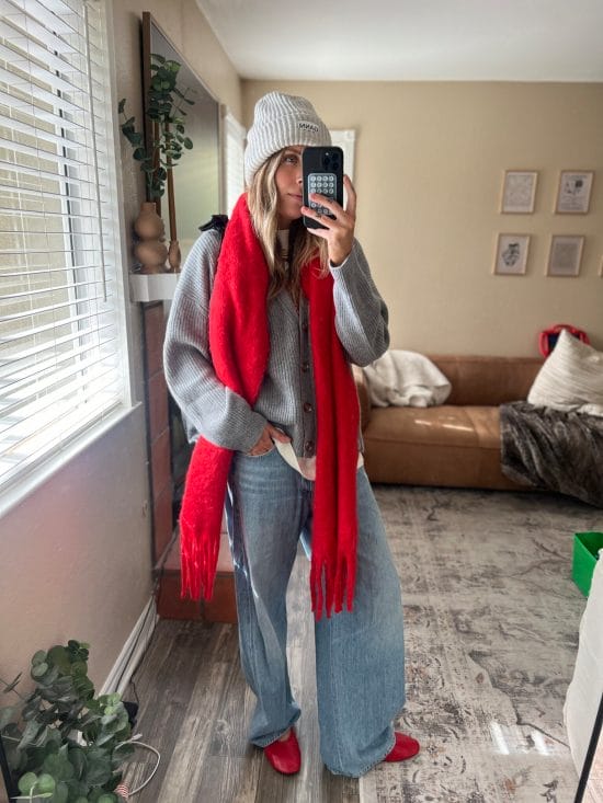 Grey Cardigan with Red Mules and Scarf for a Playful Brunch Grey Cardigan with Red Mules and Scarf for a Playful Brunch β Winter Brunch Outfits