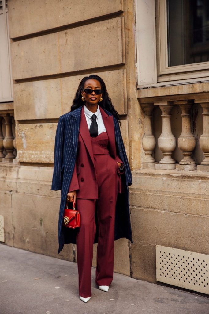 Burgundy Suit and Pinstripe Coat — Paris Winter Outfits