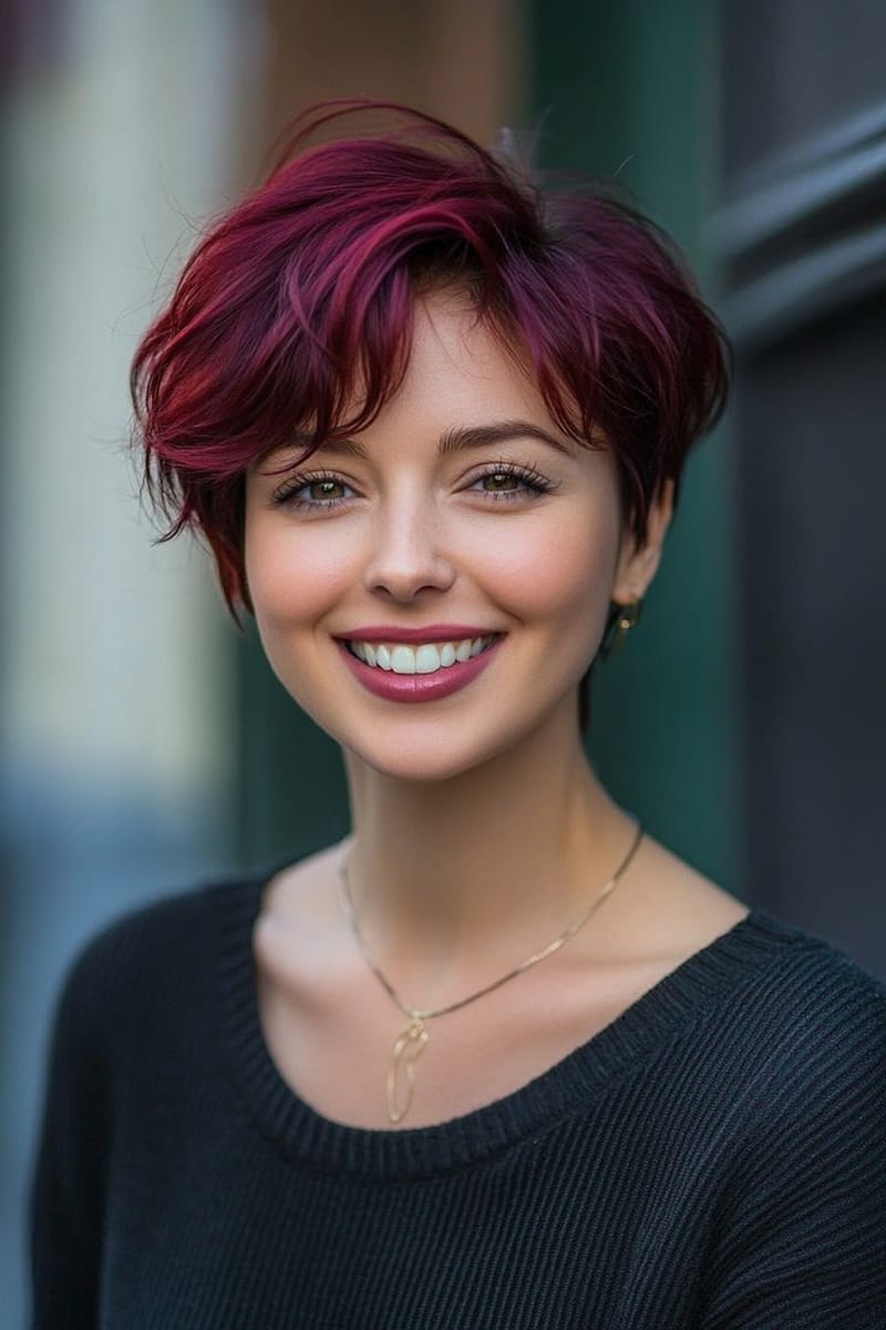 Ear Vibrant Burgundy Textured Pixie — Burgundy Hair Color