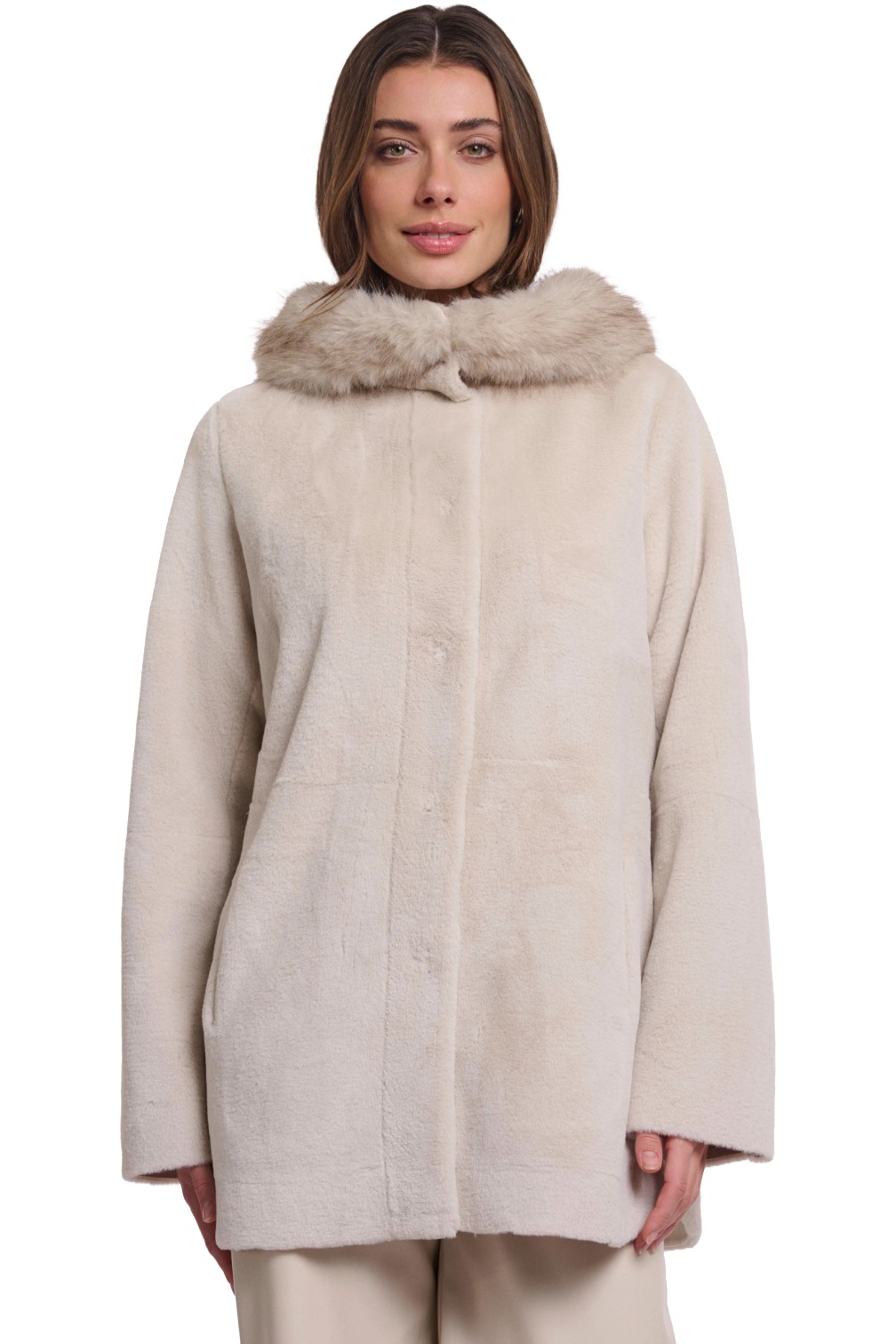 Cream Faux Fur Coat with Fur-Trimmed Collar: Proportion Play — Faux Fur Coat Outfits