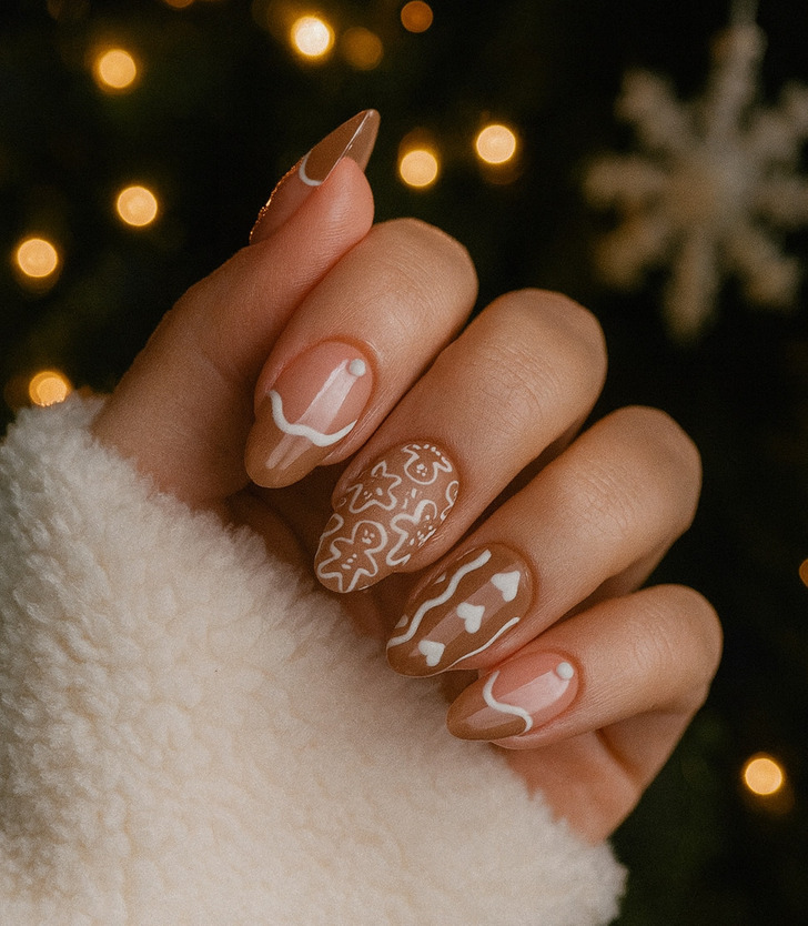 Tan Base Gingerbread Man Waves Tan Base Gingerbread Man Waves β Winter Nails for School