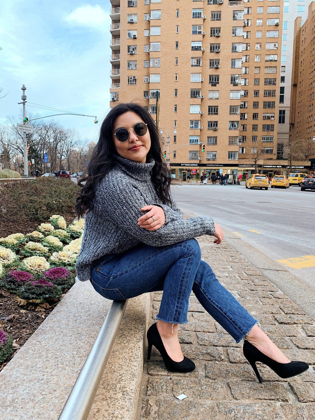 Dark Green Jacket over Brown Sweater and Mini Skirt — Minimalist Winter Outfits