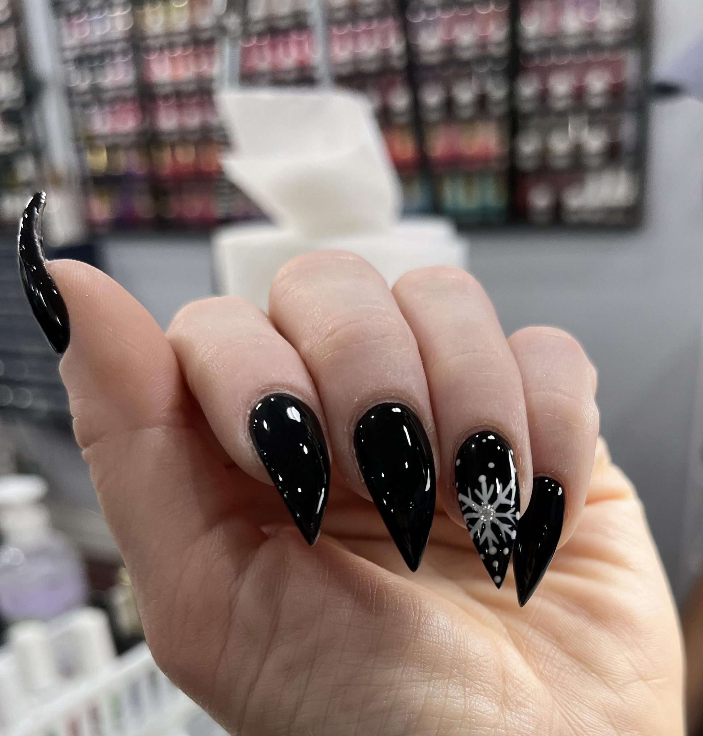 Glossy Black Snowflake Stiletto Nails — Winter Acrylic Nails