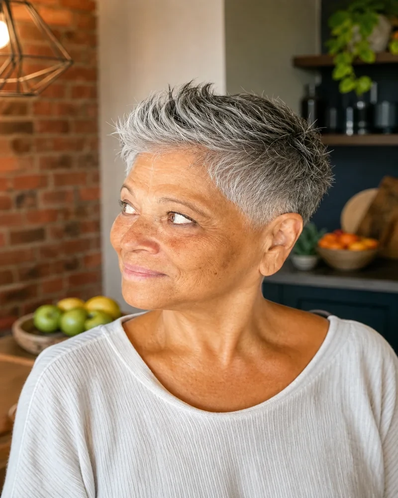 Textured Pixie Cut in Natural Gray Textured Pixie Cut in Natural Gray β Winter Haircuts for Gray Hair