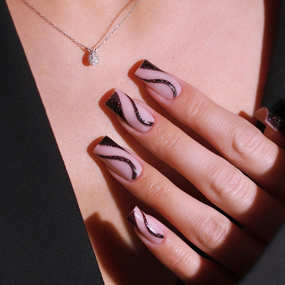 Long Square Abstract Swirl Glitter Nails Long Square Abstract Swirl Glitter Nails β Winter Work Nails