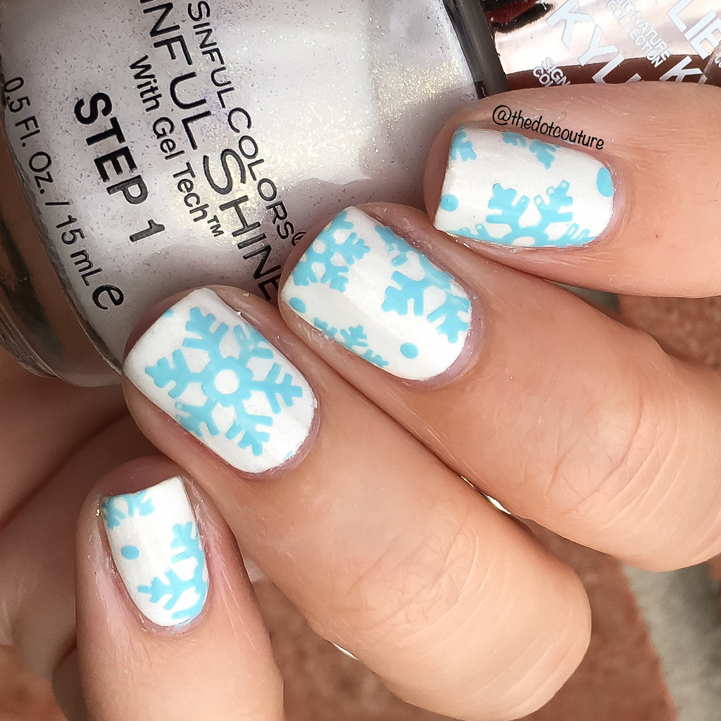 White Blue Snowflake Stamped Nails — Winter Nail Art