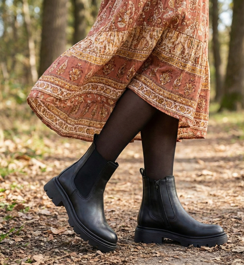 Lug Sole Chelsea Boots with Midi Dress and Tights Lug Sole Chelsea Boots with Midi Dress and Tights β Chelsea Boots Outfits
