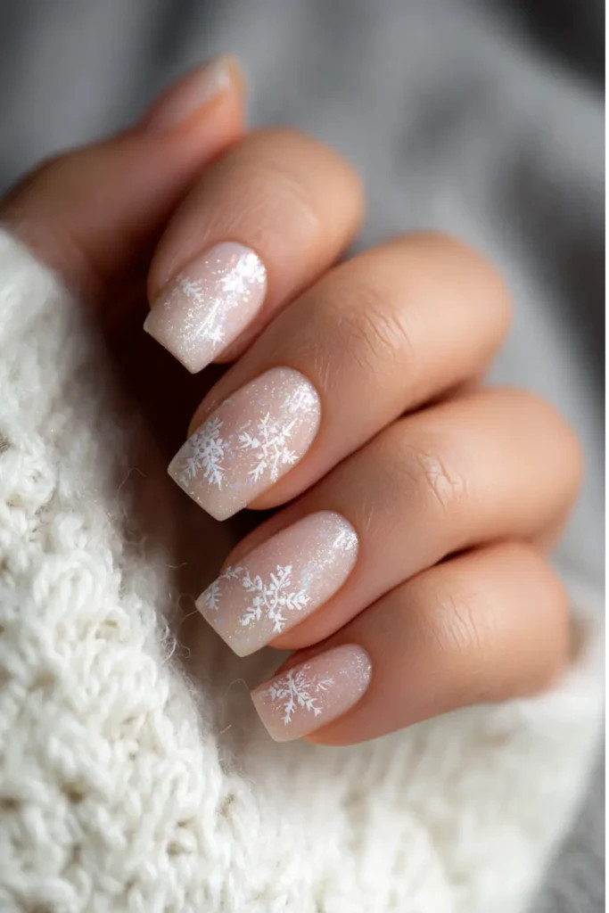 Milky White Shimmer Snowflake Nails Milky White Shimmer Snowflake Nails β Christmas Square Nails 2026