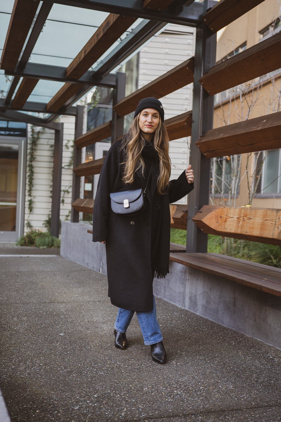 Oversized Black Coat with Blue Jeans and Saddle Bag — December Outfits