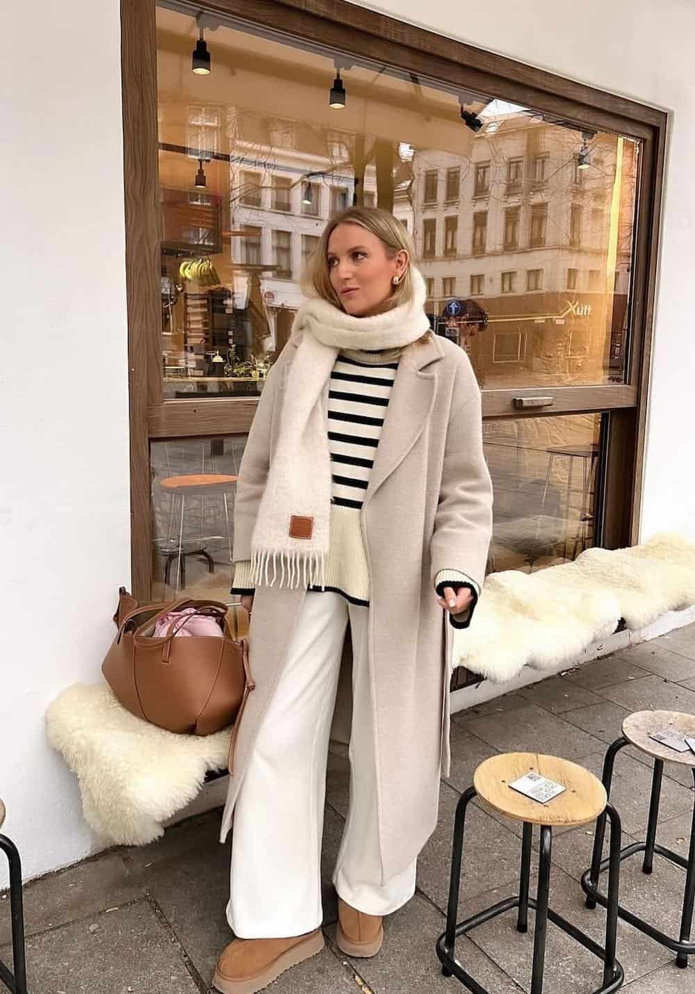 Beige Wool Coat with Striped Sweater and White Trousers — Winter Going Out Outfits