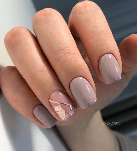 Taupe with Geometric Rose Gold Accent — Short Winter Nails