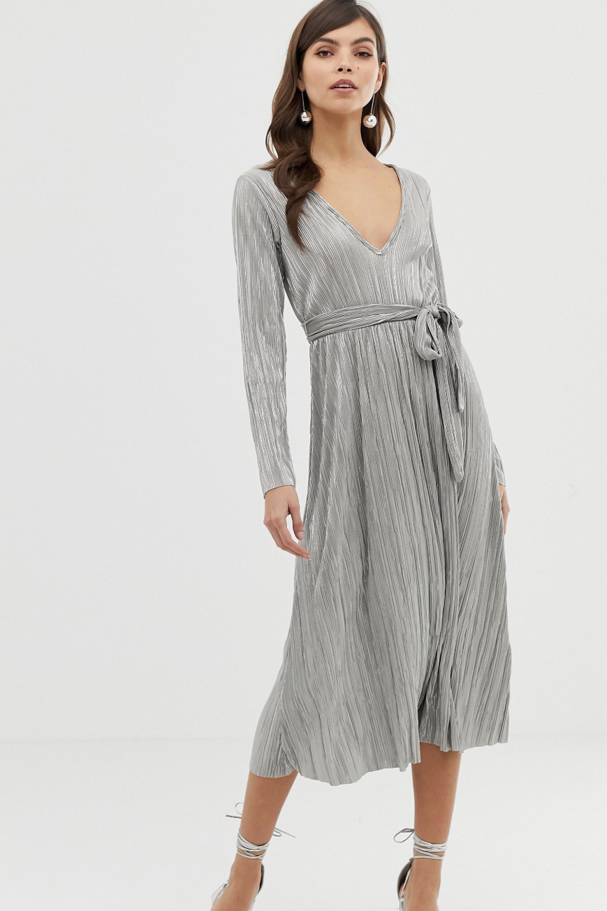 Metallic Pleated Midi Dress for a Glamorous Entrance — Winter Wedding Guest Outfits