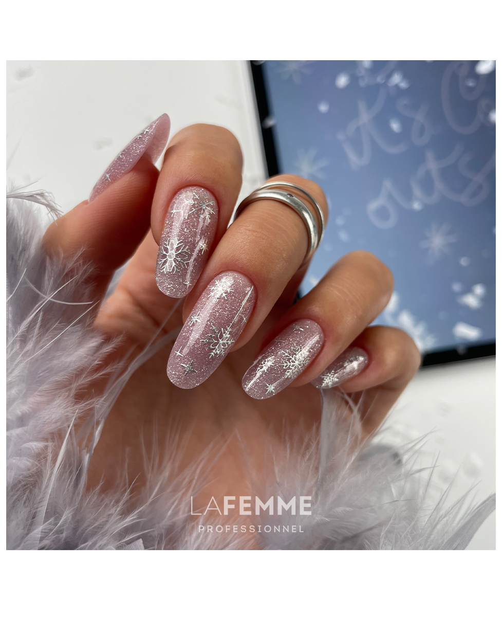 Pale Pink Glitter Long Oval Nails with Silver Snowflakes Pale Pink Glitter Long Oval Nails with Silver Snowflakes β Snowflake Nails