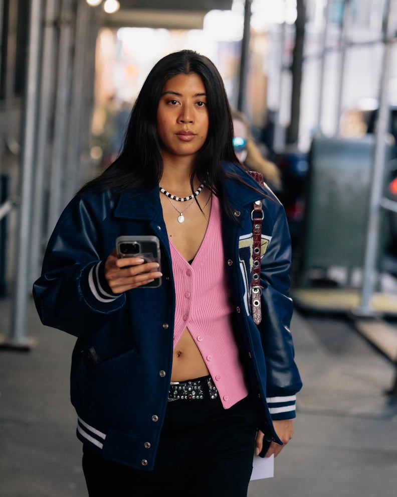 Pink Cropped Cardigan Under Navy Bomber Jacket Pink Cropped Cardigan Under Navy Bomber Jacket β Y2K Winter Outfits