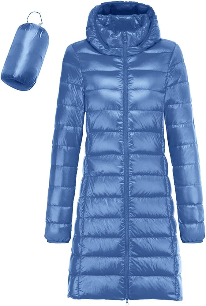 Light Blue Shiny Nylon Long Puffer Jacket with Hood — Winter Puffer Jacket Outfits
