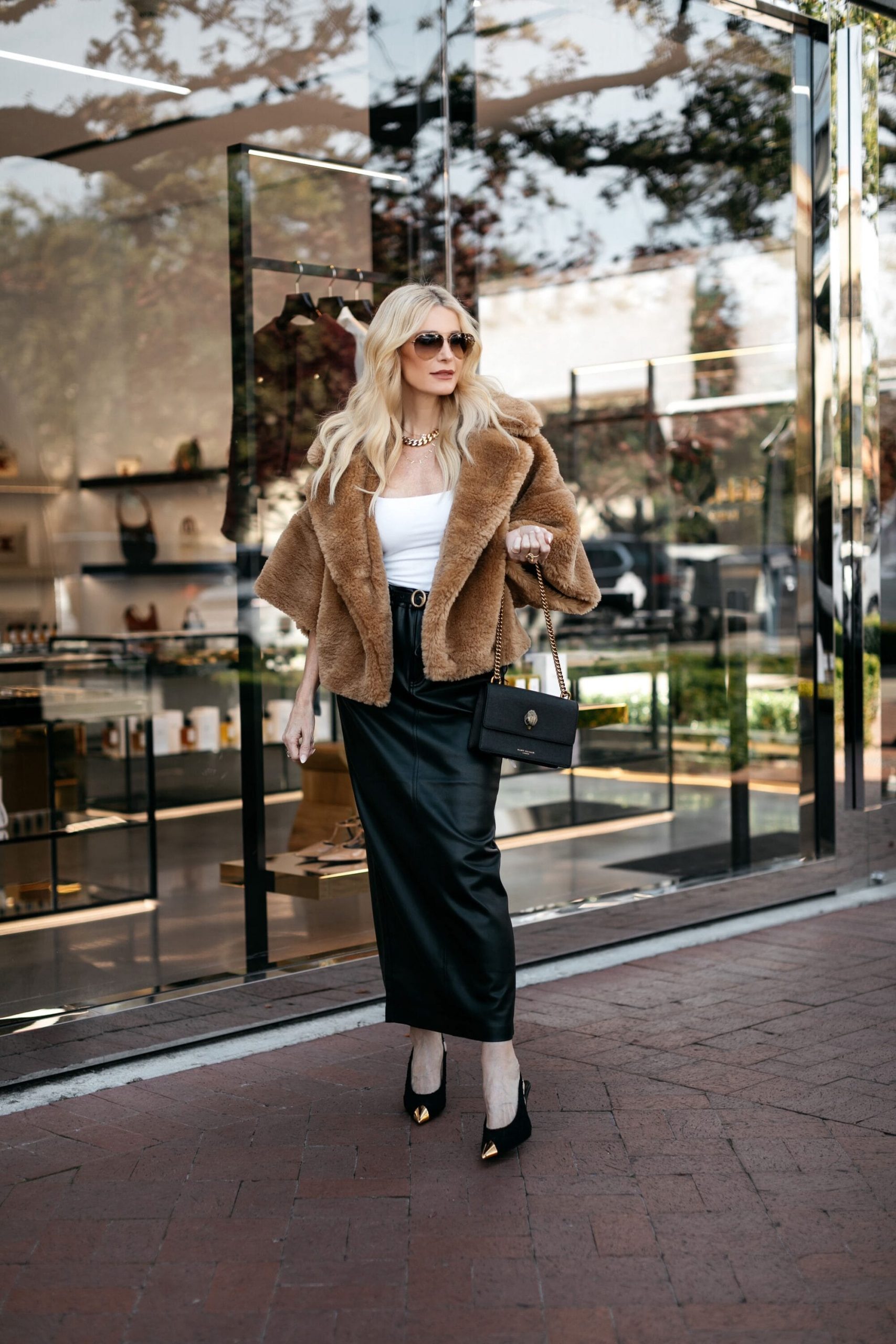 Brown Faux Fur Jacket Over Leather Maxi Skirt Brown Faux Fur Jacket Over Leather Maxi Skirt β Winter Date Night Outfits