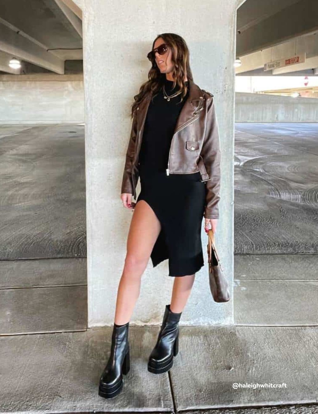 Night Out Style: Fitted Dress, Leather Jacket, and Platform Boots Night Out Style: Fitted Dress, Leather Jacket, and Platform Boots β Ankle Boots Outfits