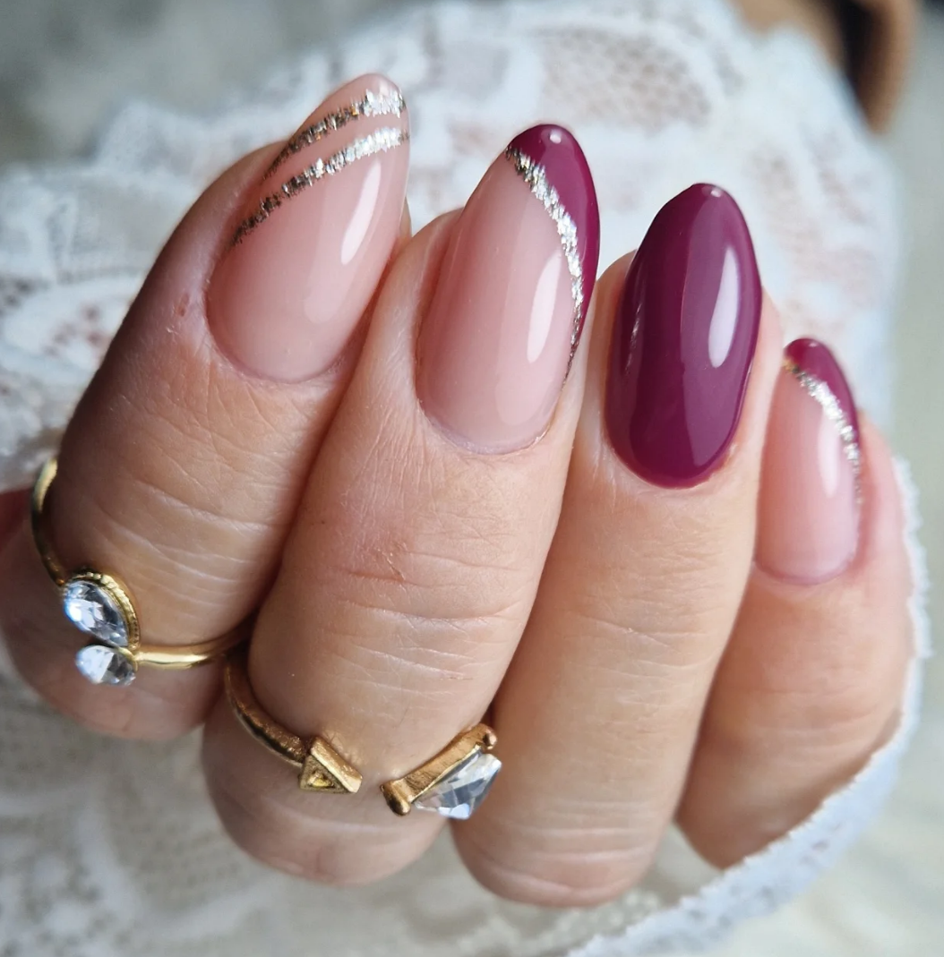 Sheer Pink with Berry Accent & Glitter Tips — Fall to Winter Nails