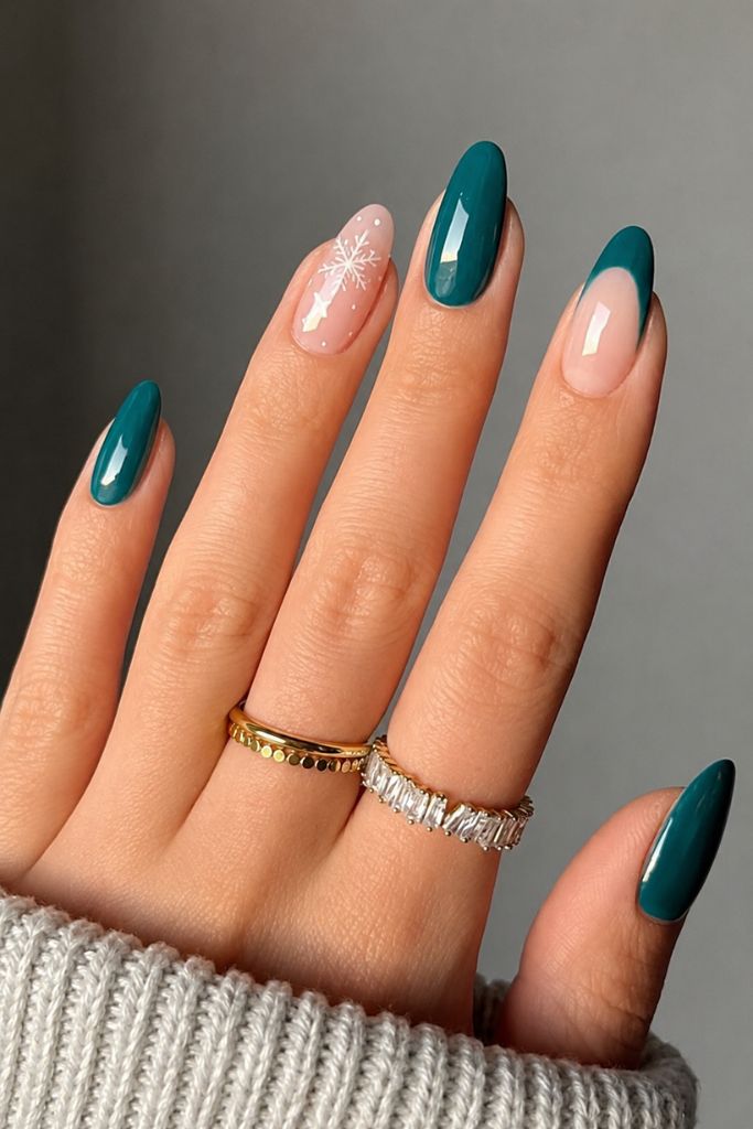 Matte Green Coffin Nails with Detailed Christmas Art — Green Christmas Nails 2026