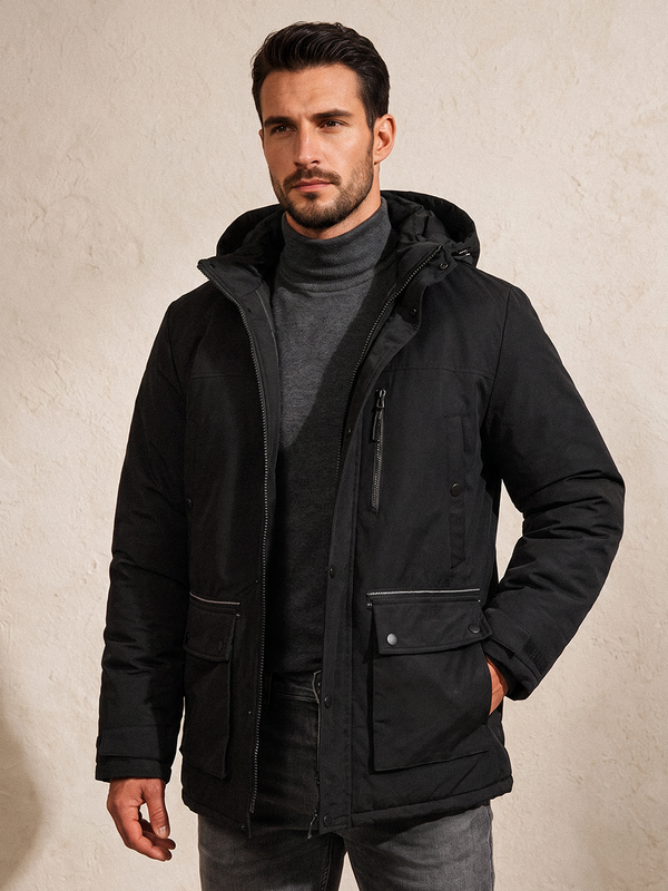 Black Parka Over a Grey Turtleneck Black Parka Over a Grey Turtleneck β Winter Outfits for Men