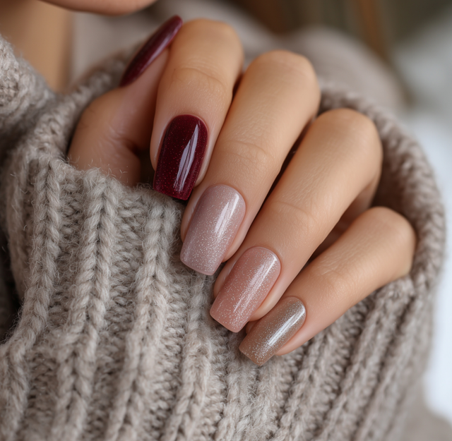 Burgundy Glitter with Shimmering Neutrals — Winter Date Night Nails
