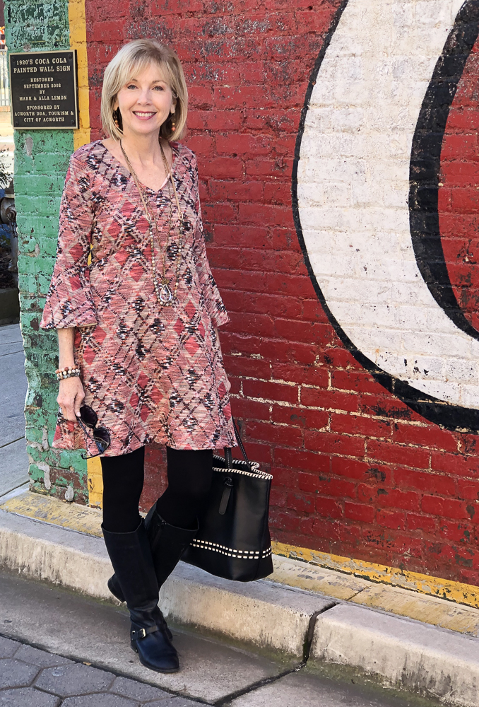 Patterned A-Line Dress with Bell Sleeves Patterned A-Line Dress with Bell Sleeves β Winter Outfits for Women Over 70