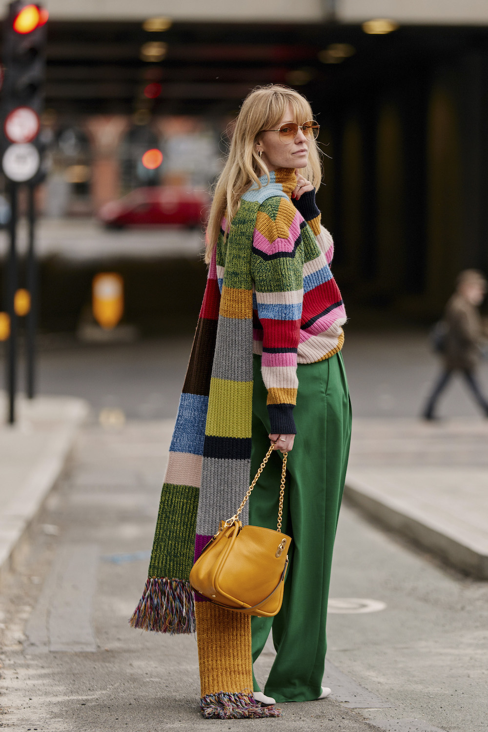 Bold Multicolored Knitwear with Bright Green Trousers — February Outfits