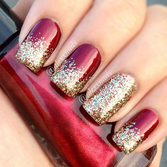 Glossy With Dense Gold Glitter Visual Idea Glossy With Dense Gold Glitter Visual Idea β Red and Gold Christmas Nails 2026