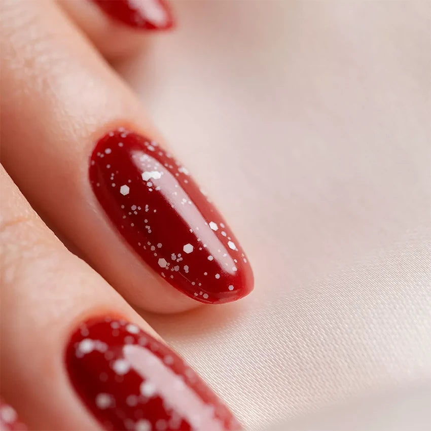Deep Red with White Speckle Snow Effect — Winter Red Nails