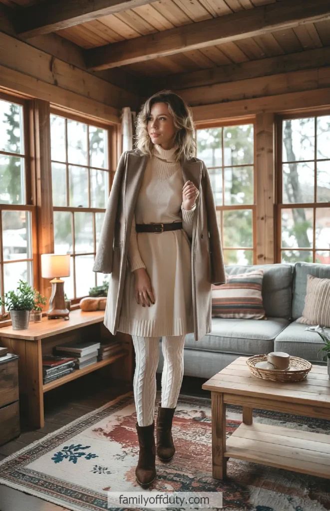 Turtleneck Dress with Wool Coat for Cabin Elegance — Cabin Trip Outfits