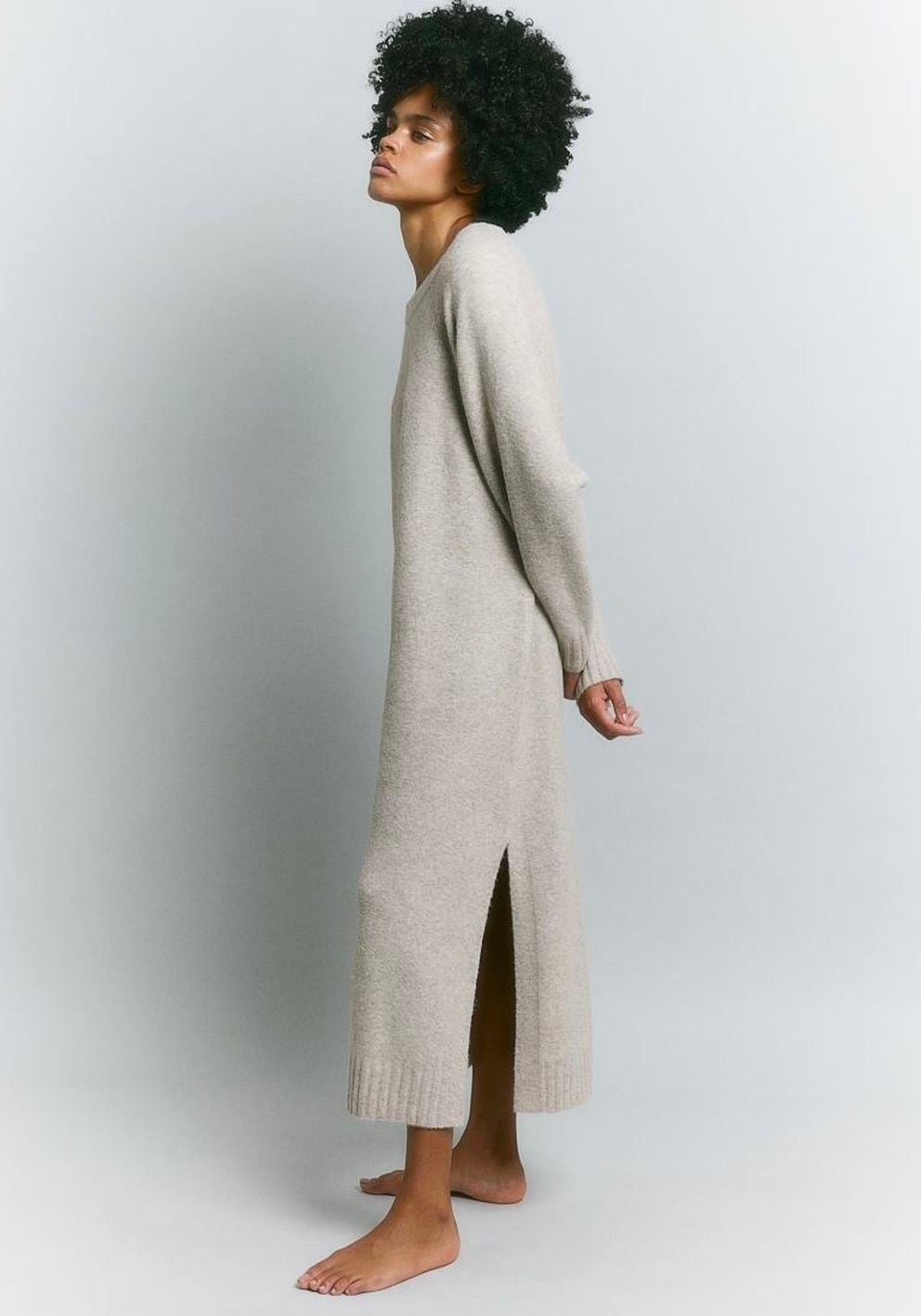 Relaxed Beige Knit Maxi Dress with Side Slit — Sweater Dress Outfits