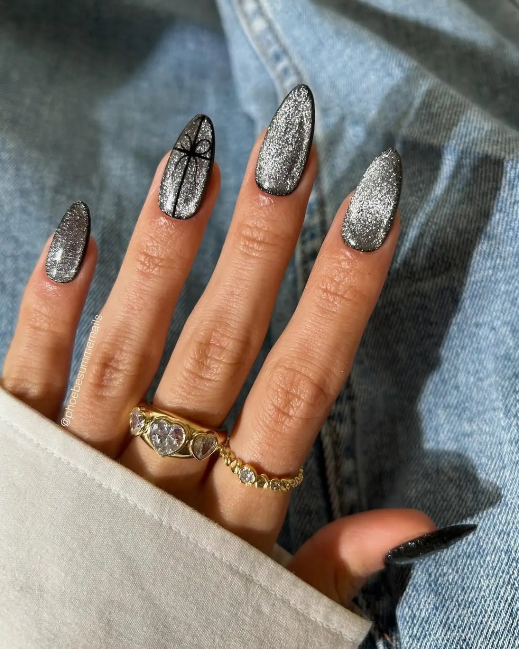 Silver Cat-Eye Glitter with Black Cross — Winter Nails for Teens