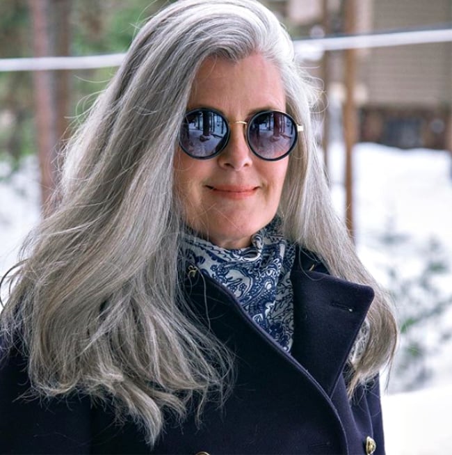 Long Wavy Gray Hair With Middle Part — Winter Haircuts for Women Over 40