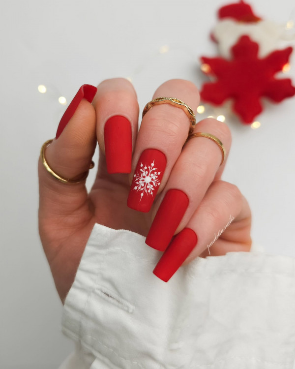 Deep Matte Red Snowflake Nails Deep Matte Red Snowflake Nails β Winter Matte Nails