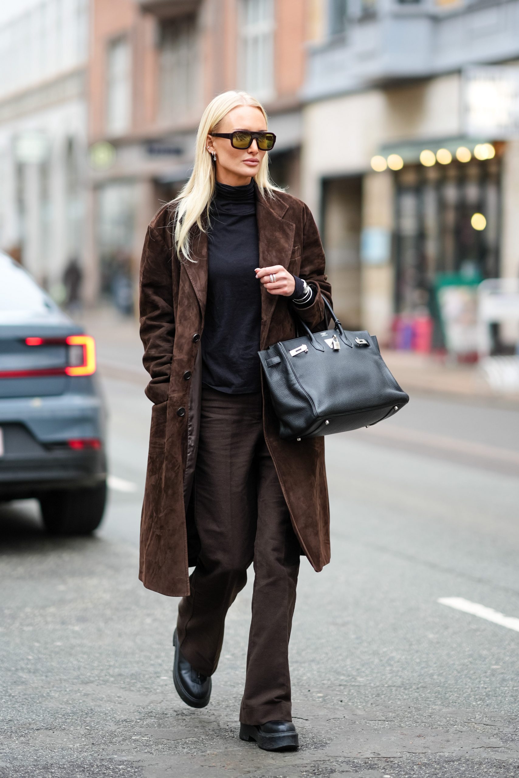 Dark Brown Suede Coat and Monochromatic Layers — Brown Coat Outfits