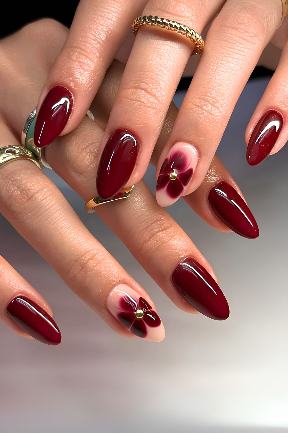 Floral Accent With Gold Stud Visual Idea — Winter Gel Nail Colors