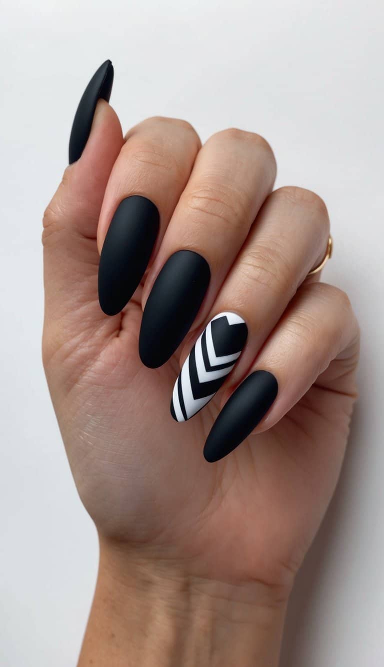 Matte Black with White Graphic Accents — Winter Black Nails