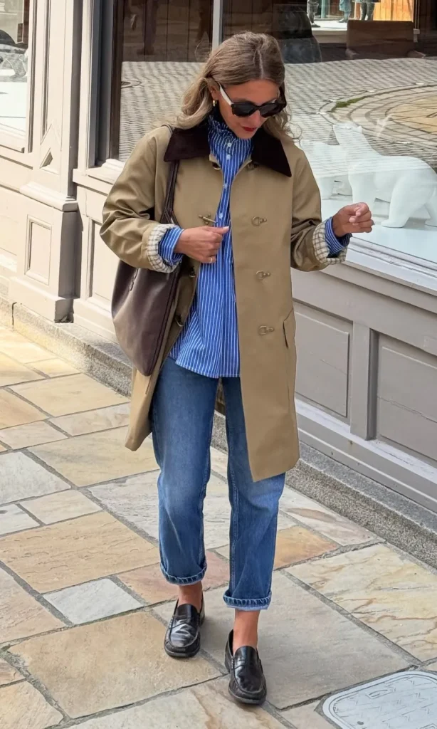 Tan Trench Over Striped Shirt And Straight Jeans Tan Trench Over Striped Shirt And Straight Jeans β Long Coat Outfits