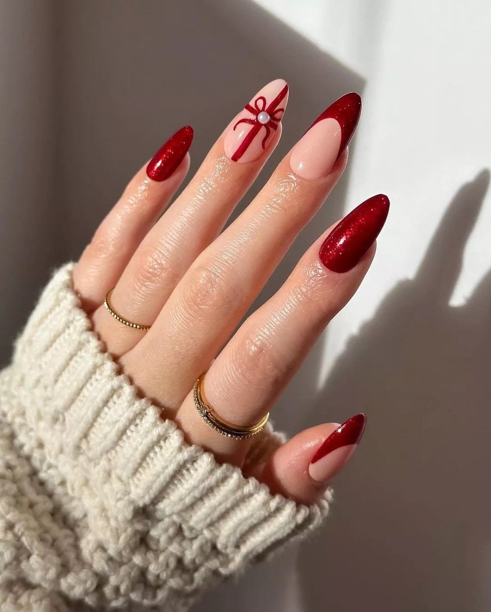 Nude Base Red Bow Almond Nails Nude Base Red Bow Almond Nails β Holiday Nails 2026