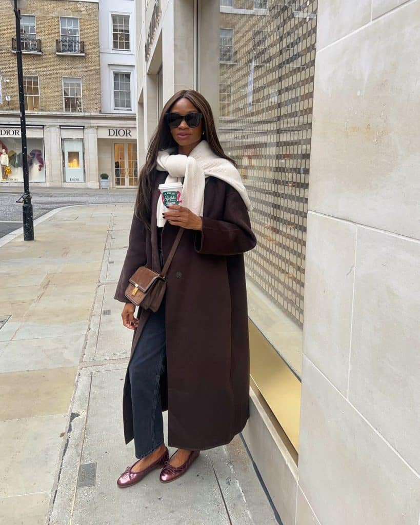 Dark Brown Coat with Metallic Pink Flats Dark Brown Coat with Metallic Pink Flats β Classy Winter Outfits